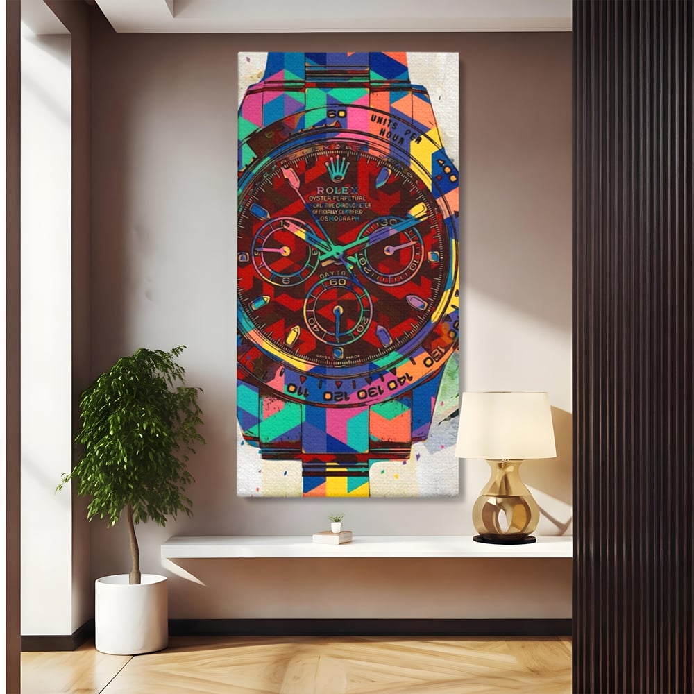 Tablou canvas cu tablou canvas cu ceas colorat tip rolex, fara rama, pe sasiu de lemn